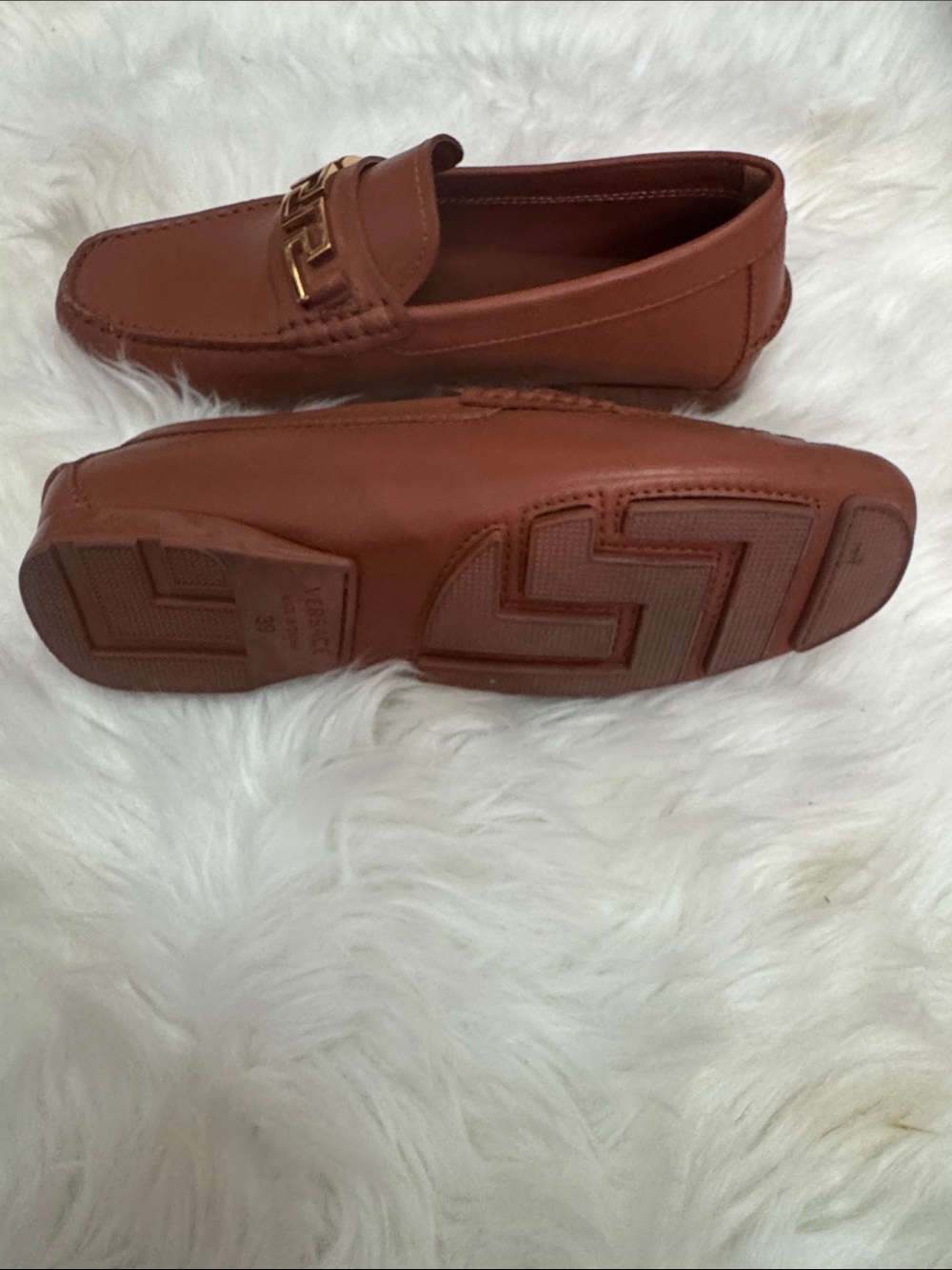 Versace Men’s Brown Leather Loafers with Gold-Tone Greek Key Accent - Picture 7 of 7